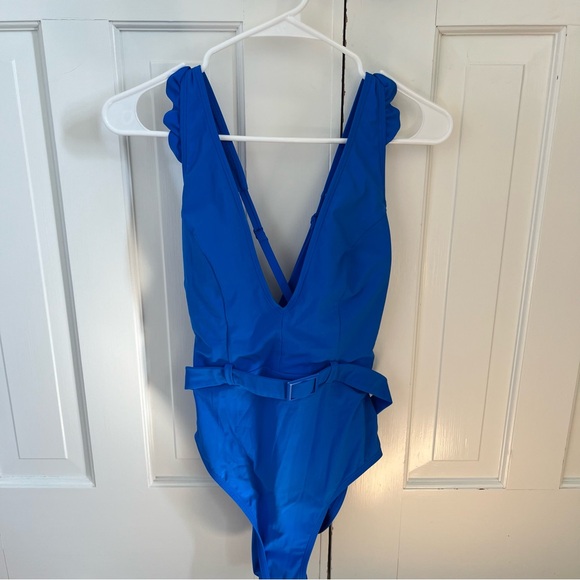 Skinny Dippers solid blue cinch ruffle sleeve one piece swimsuit - Size M - Picture 4 of 7